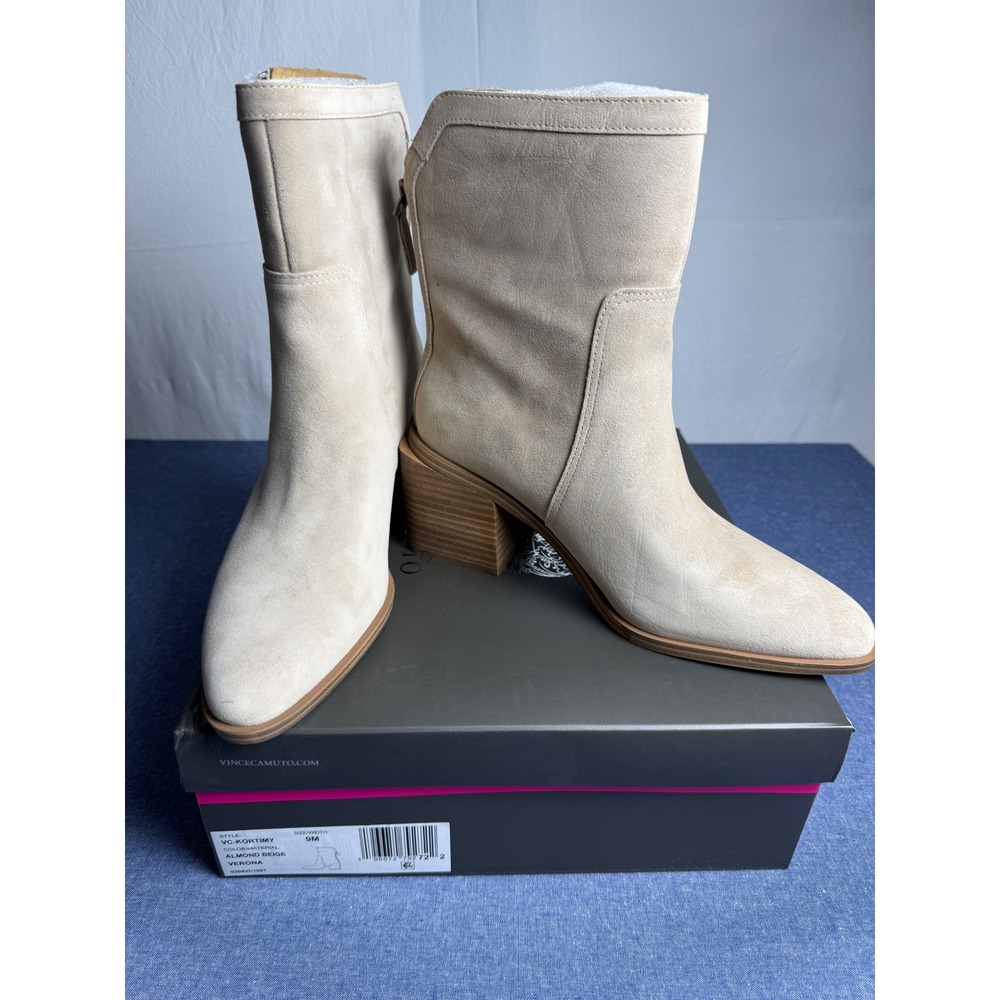 Vince Camuto Kortimy Almond Beige Suede Pointed Toe Block Heel Booties 9M
